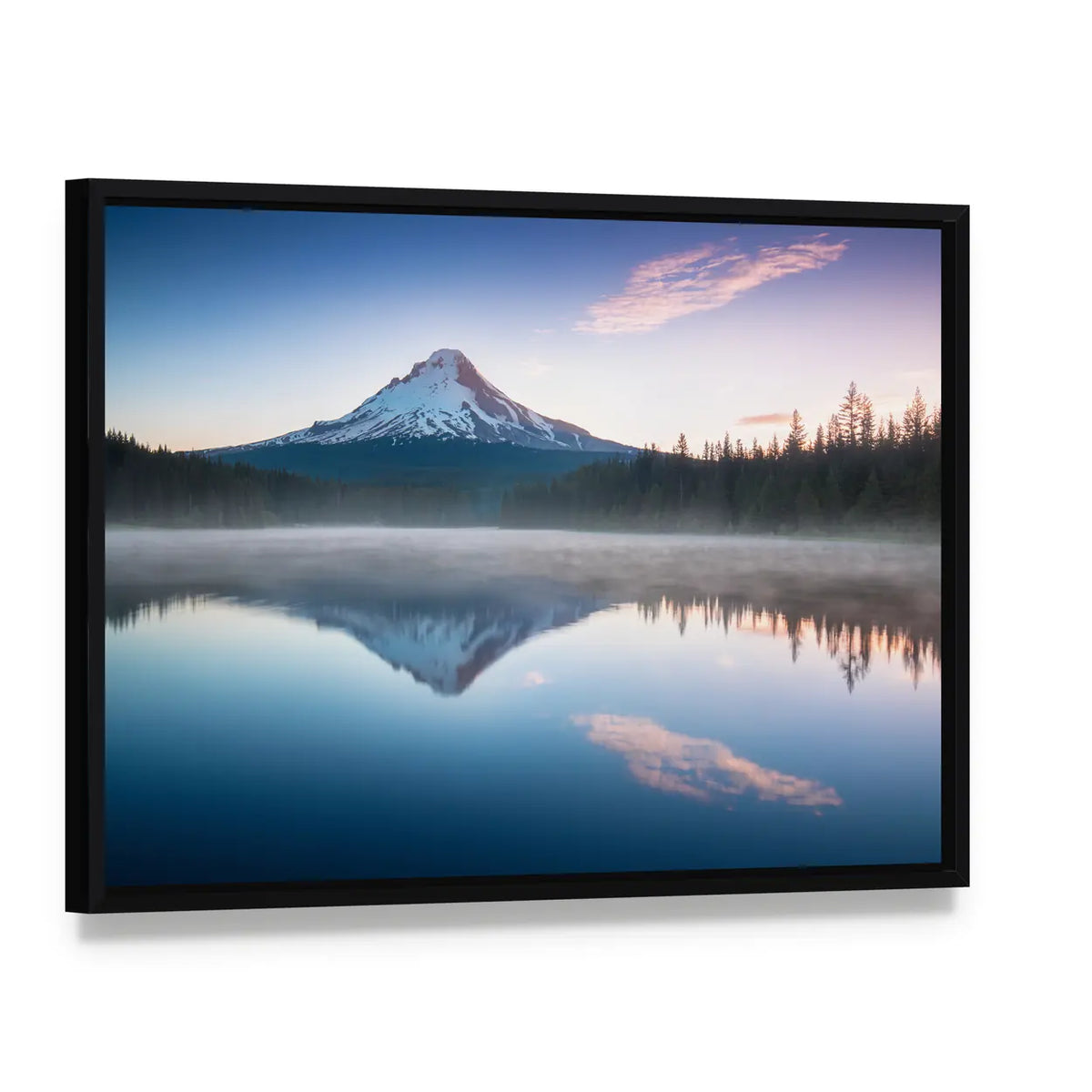 The Volcano Mountain Mount Hood Canvas Wall Art, framed canvas in a black floater frame, angled product view