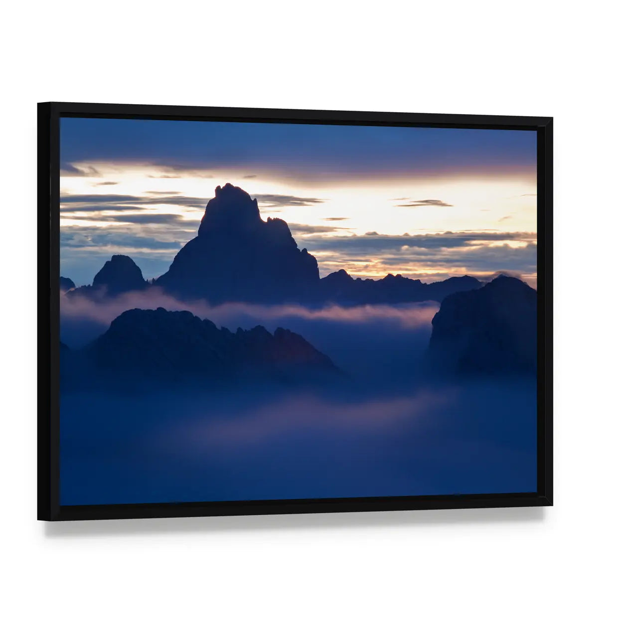 Dolomites Alps In Italy Canvas Wall Art, framed canvas in a black floater frame, angled product view