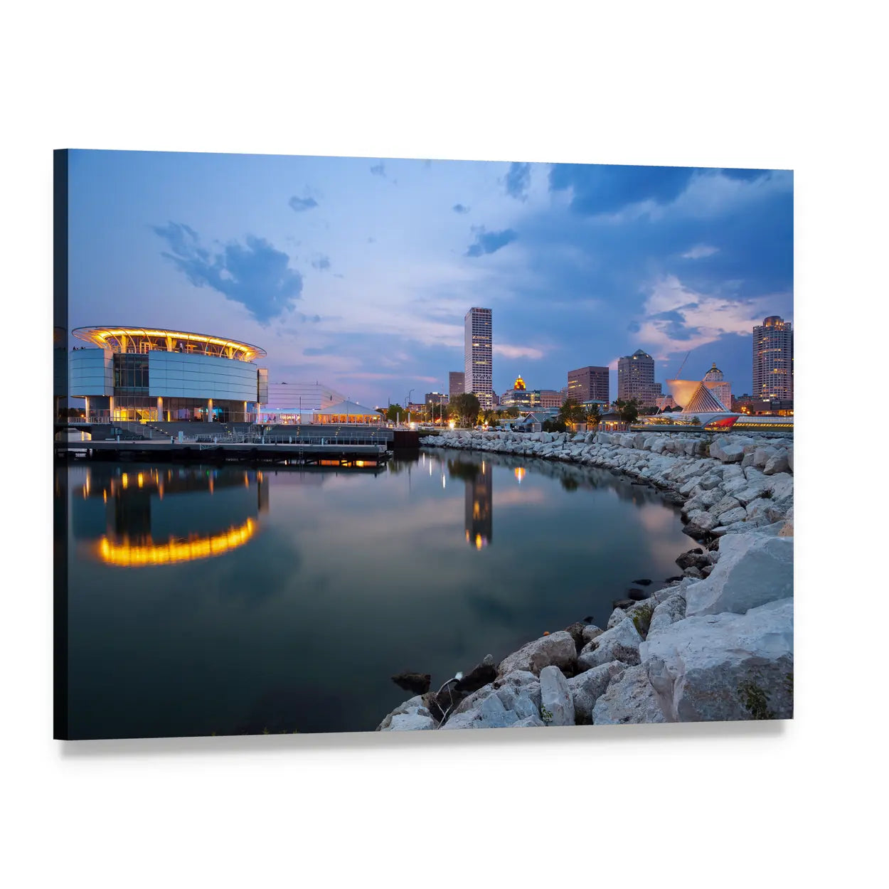 Milwaukee Skyline at Dusk Canvas Wall Art, single panel gallery wrapped canvas, angled product view