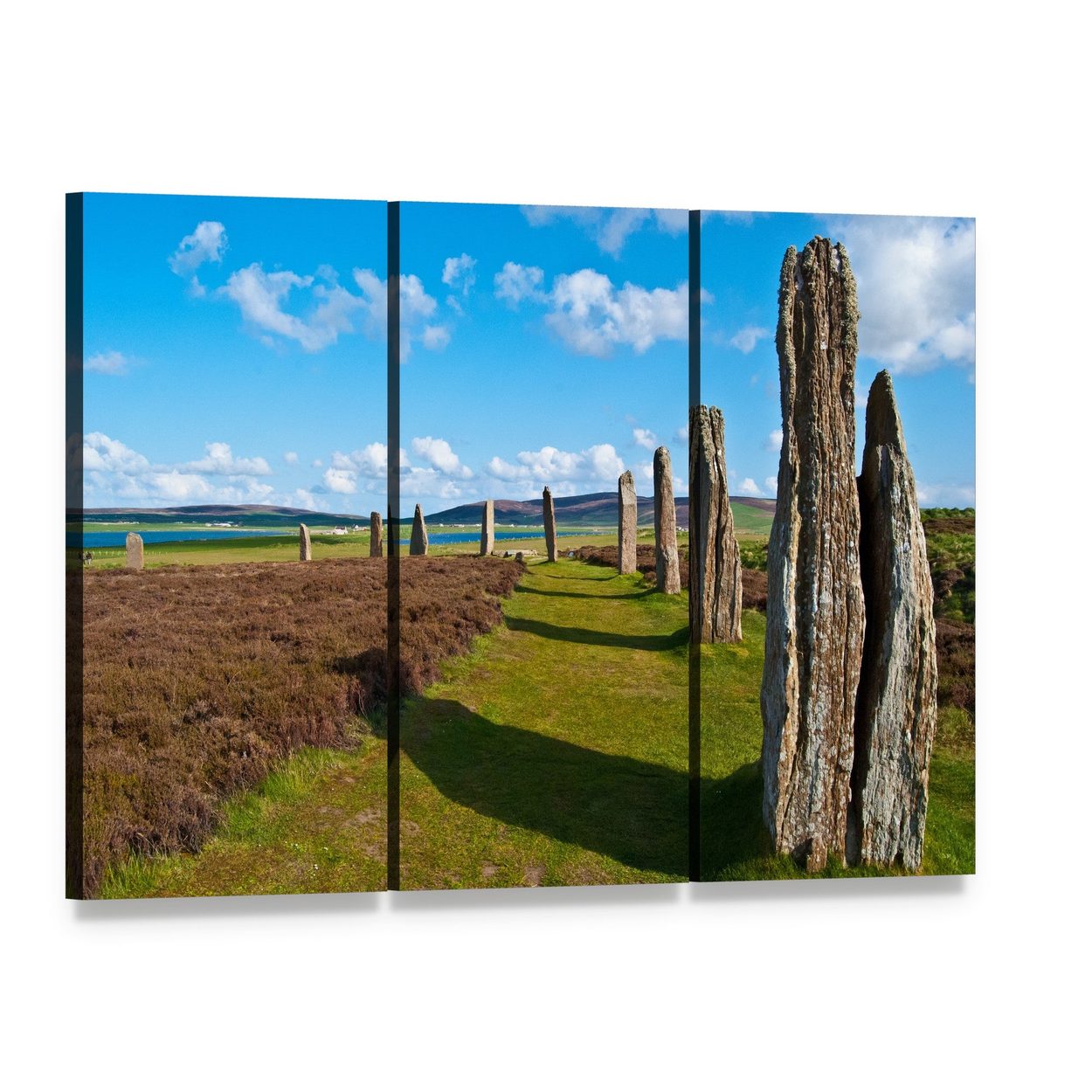 Mystic Ring of Brodgar Canvas Wall Art, 3 panel 3 Horizontal layout gallery wrapped canvas set, angled product view