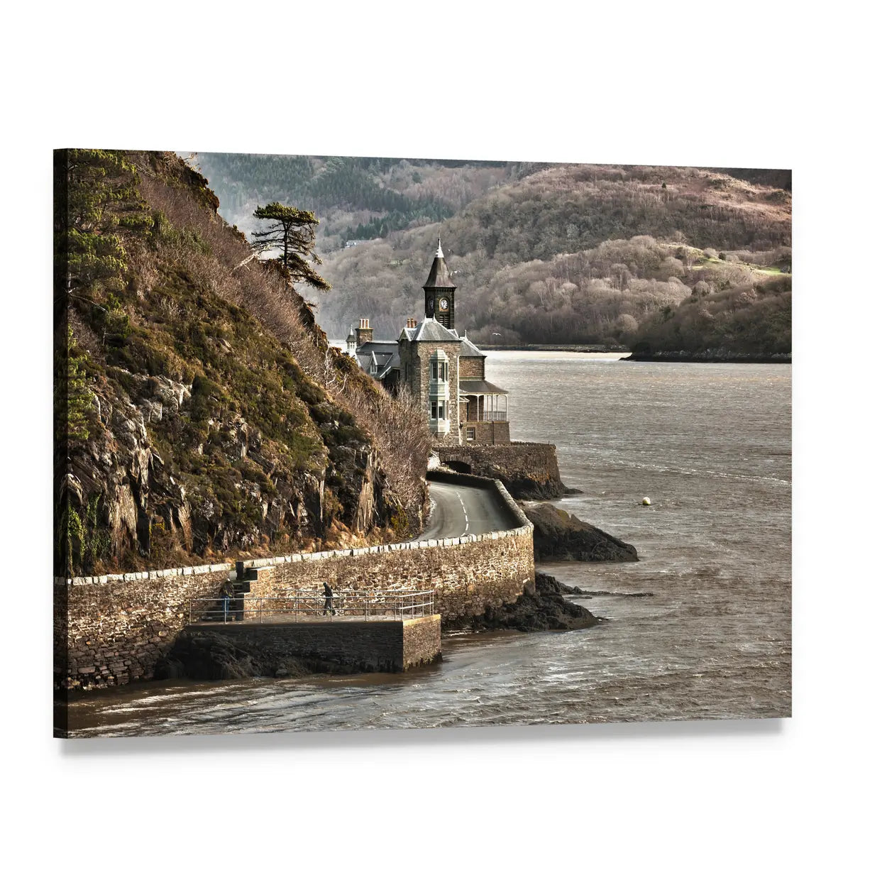 Barmouth Castle Coastal Village Canvas Wall Art, single panel gallery wrapped canvas, angled product view