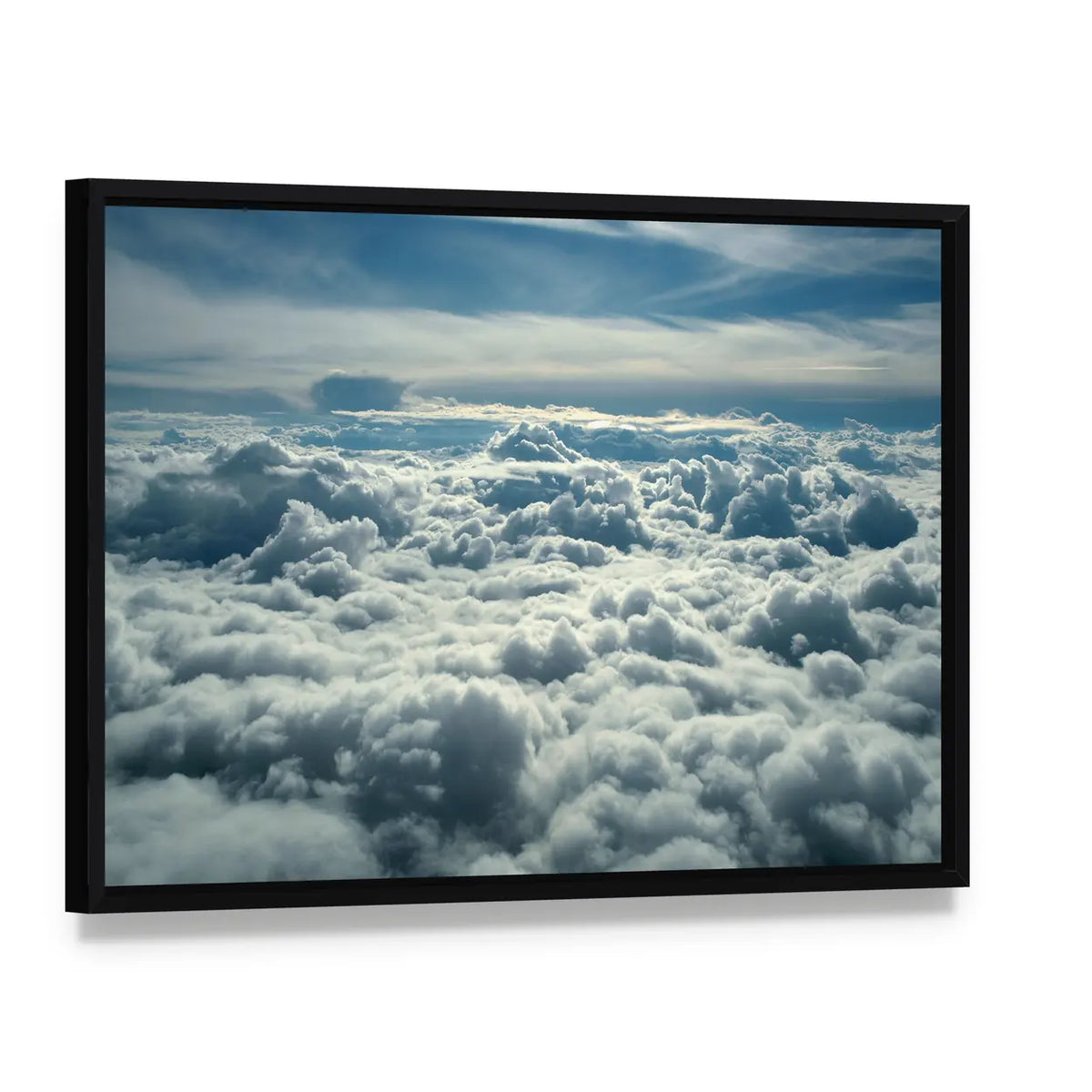 Aerial Morning Cloudscape Canvas Wall Art, framed canvas in a black floater frame, angled product view