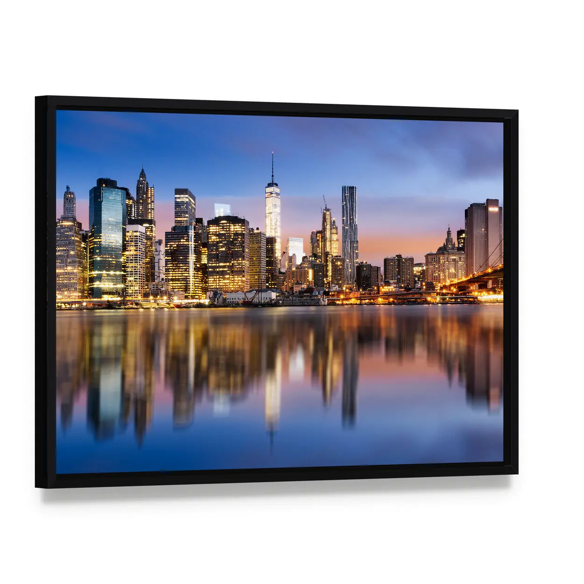 Sunrise Over Manhattan Canvas Wall Art, framed canvas in a black floater frame, angled product view
