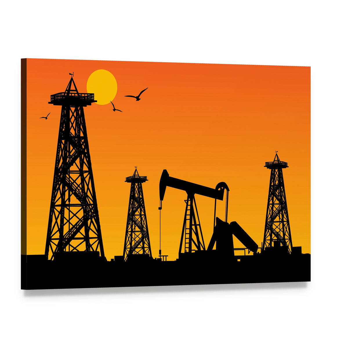 Oil Rig Silhouettes at Sunset Canvas Wall Art, single panel gallery wrapped canvas, angled product view