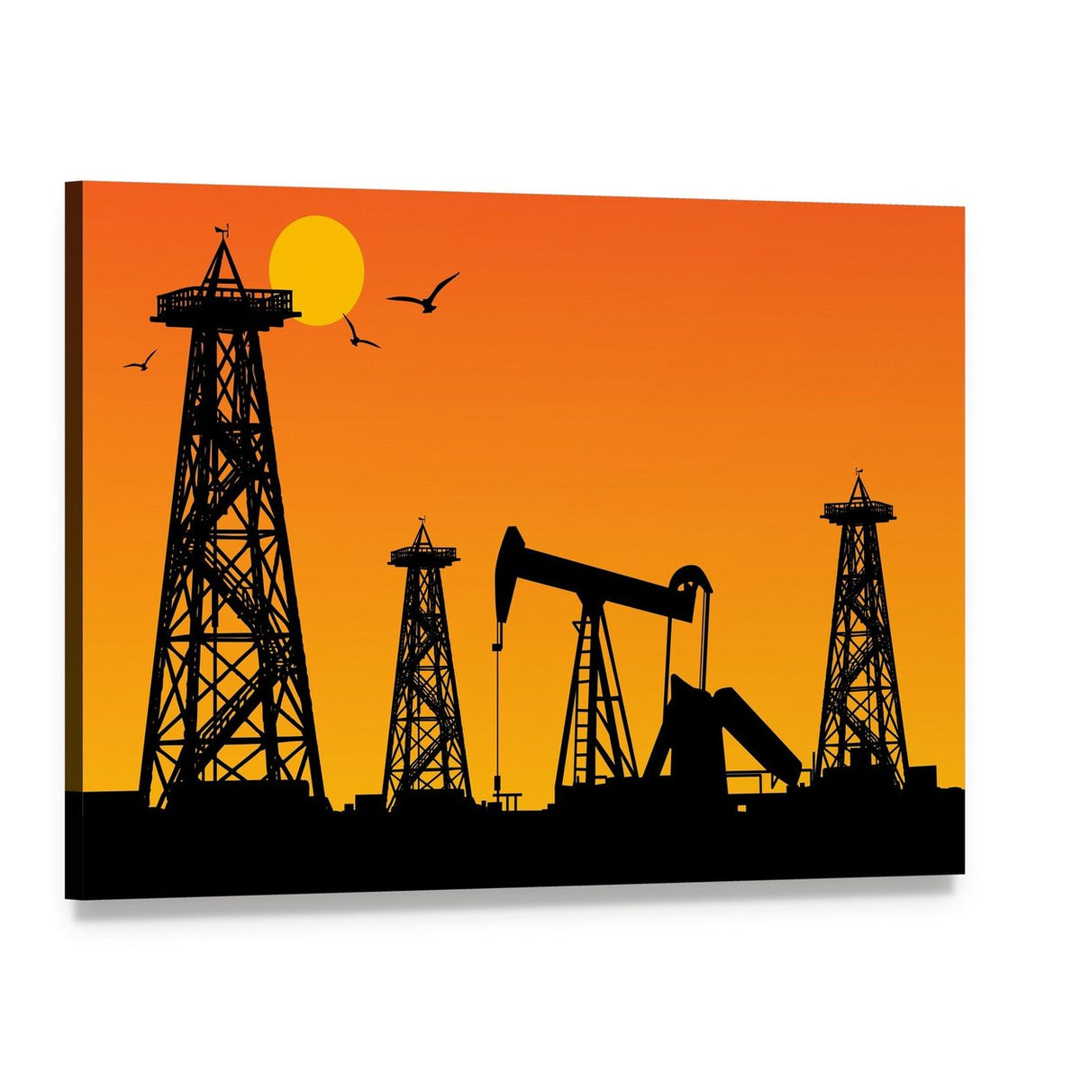 Oil Rig Silhouettes at Sunset Canvas Wall Art, single panel gallery wrapped canvas, angled product view
