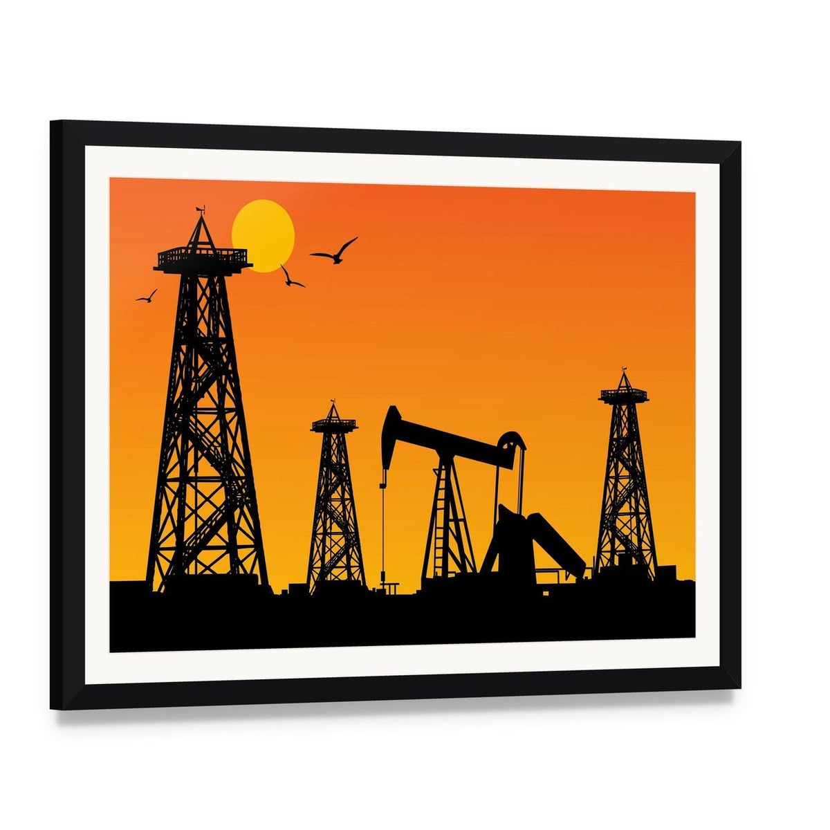 Oil Rig Silhouettes at Sunset Canvas Wall Art, framed print with white mat and black frame, angled product view