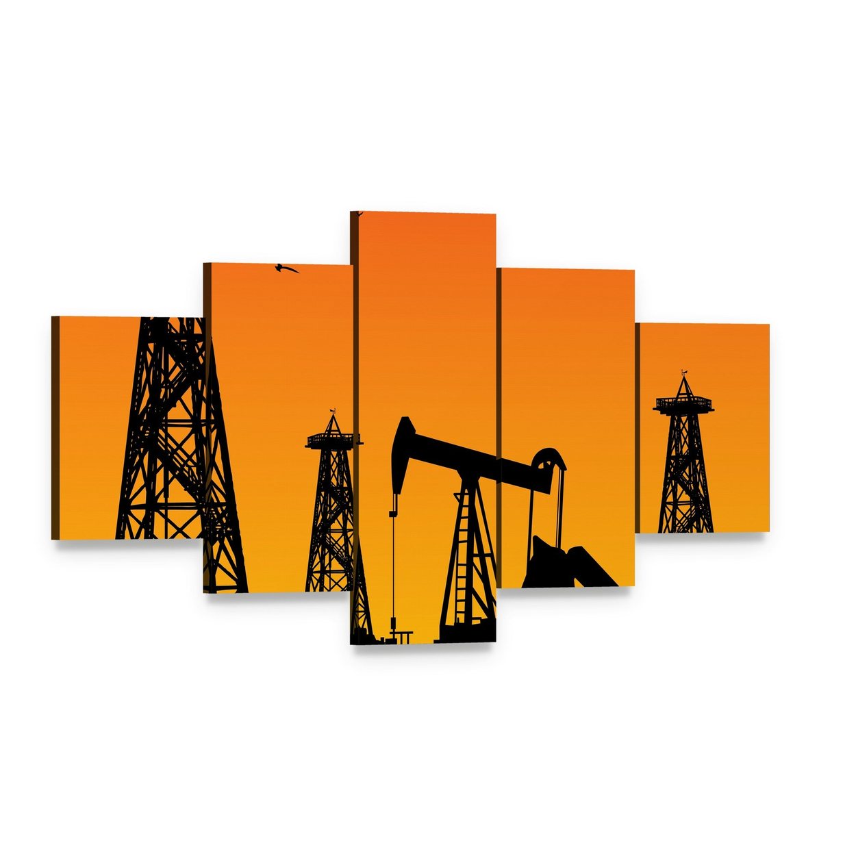 Oil Rig Silhouettes at Sunset Canvas Wall Art, 5 panel 5 Star layout gallery wrapped canvas set, angled product view
