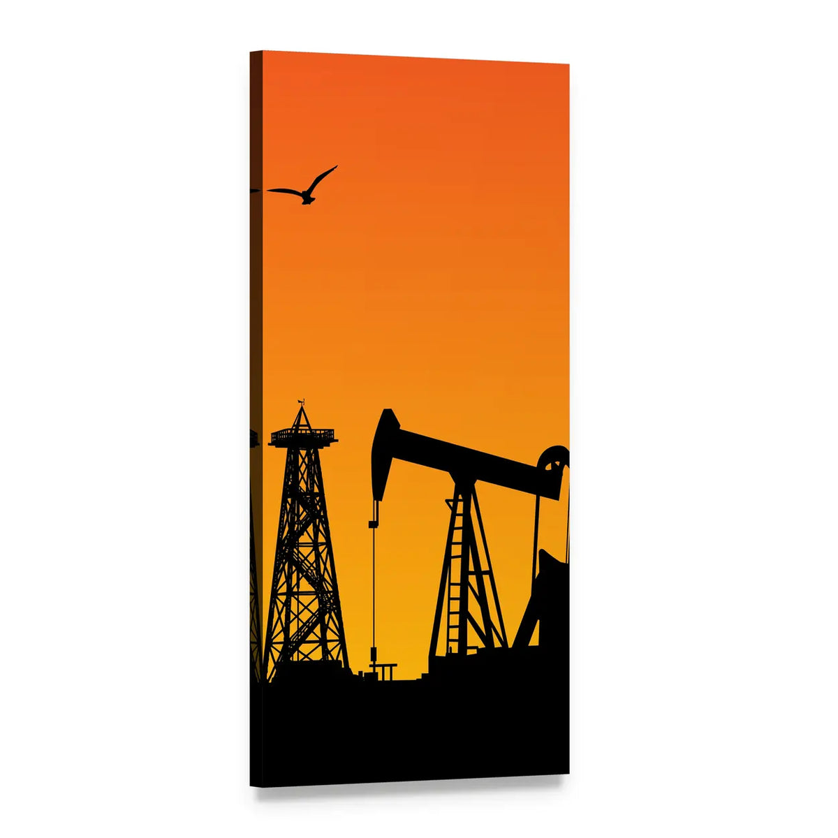 Oil Rig Silhouettes at Sunset Vertical Canvas Wall Art, 1 panel 1 Vertical layout gallery wrapped canvas set, angled product view