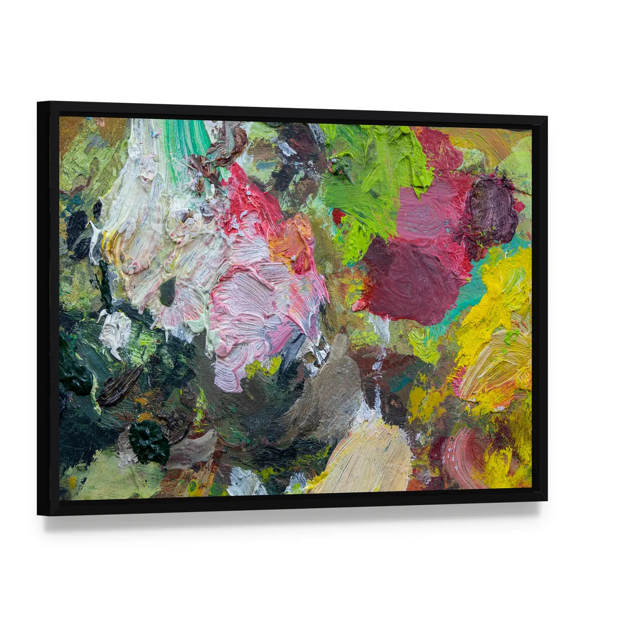 Art Palette Close Up Canvas Wall Art, framed canvas in a black floater frame, angled product view