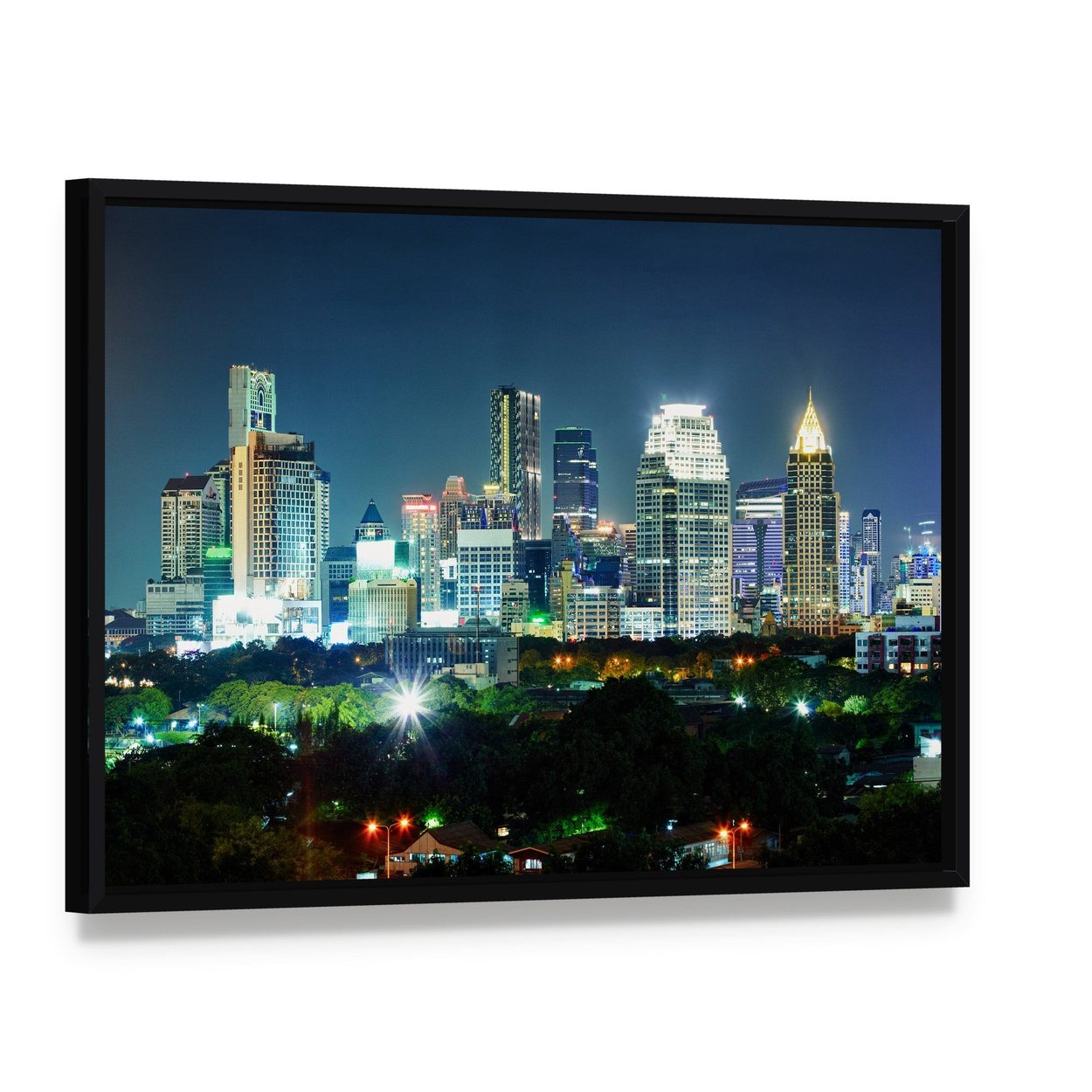 Bangkok City at Night Canvas Wall Art, framed canvas in a black floater frame, angled product view