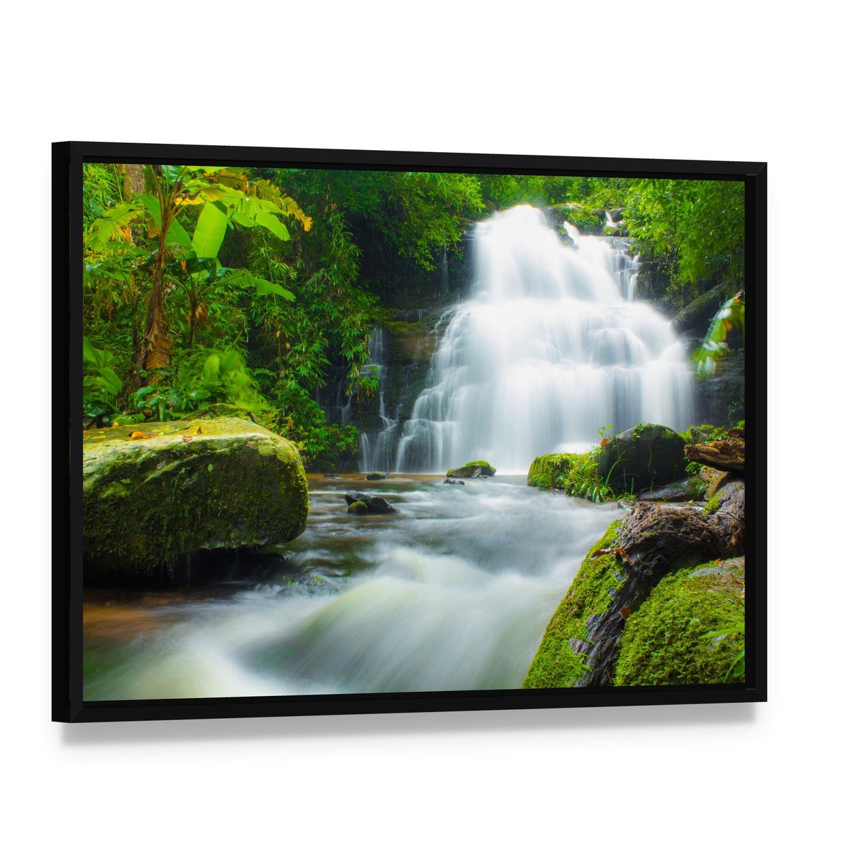Mundaeng Waterfall Thailand Canvas Wall Art, framed canvas in a black floater frame, angled product view