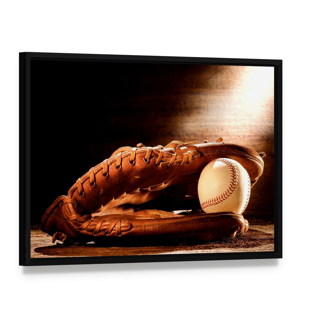 Leather Baseball Glove and Stitched Baseball Canvas Wall Art, framed canvas in a black floater frame, angled product view