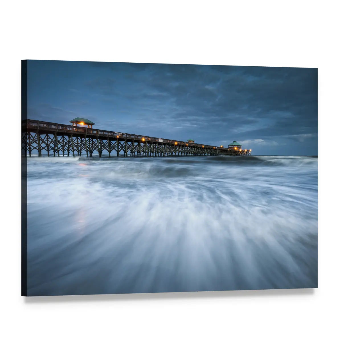 Folly Beach Pier at Night Canvas Wall Art, single panel gallery wrapped canvas, angled product view