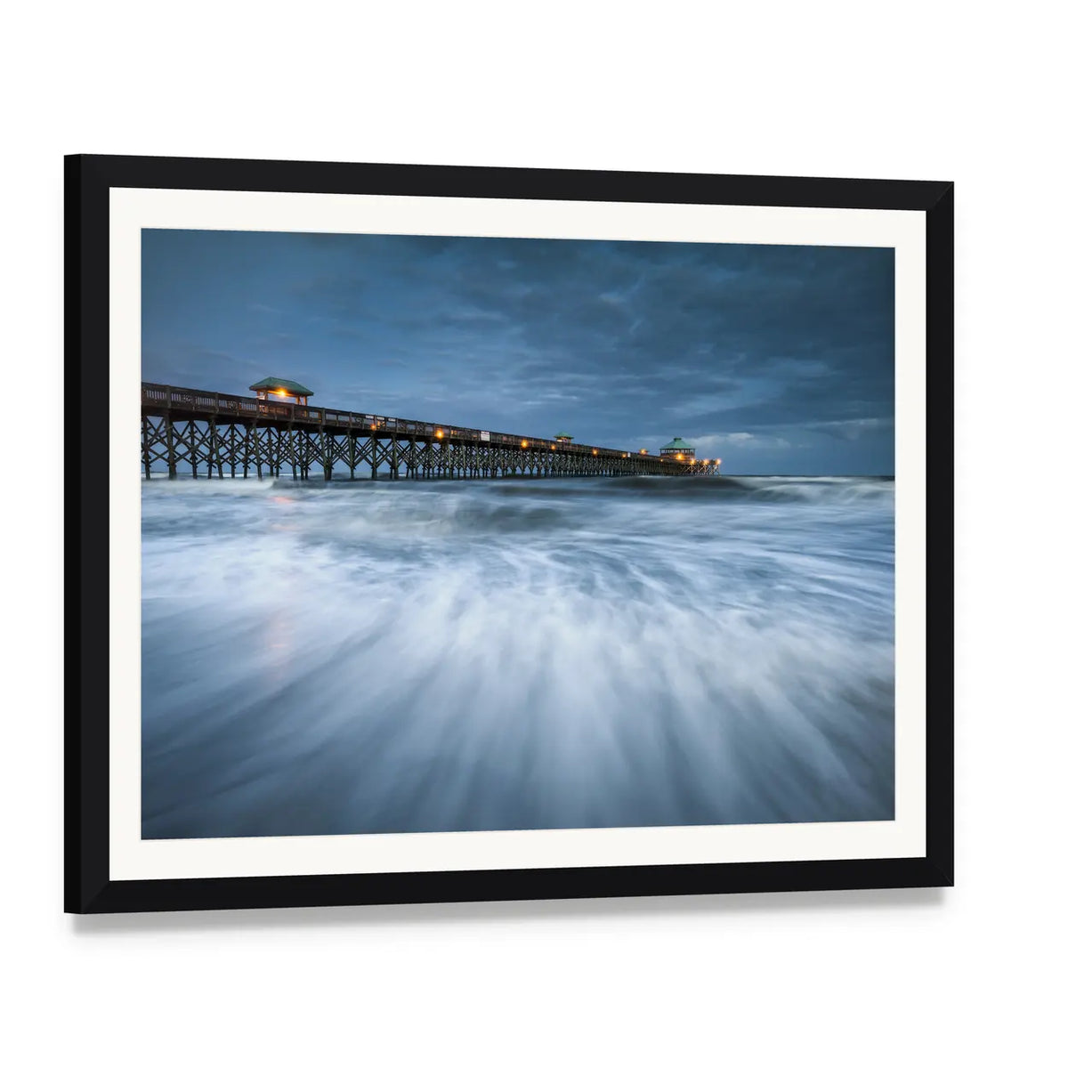 Folly Beach Pier at Night Canvas Wall Art, framed print with white mat and black frame, angled product view