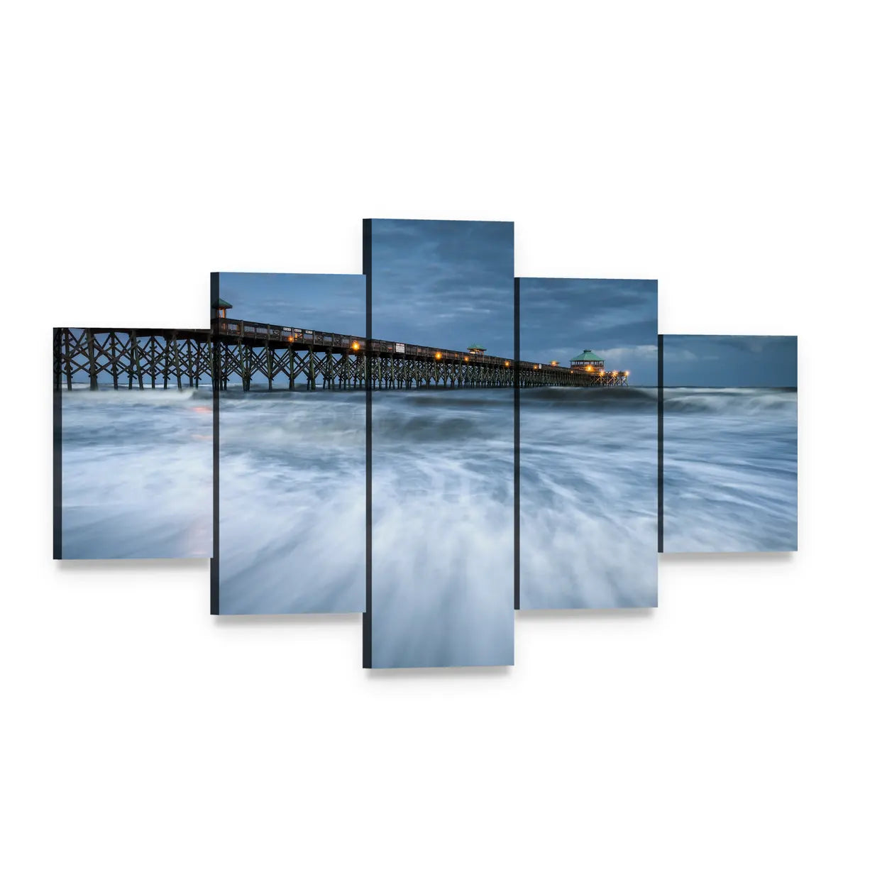 Folly Beach Pier at Night Canvas Wall Art, 5 panel 5 Star layout gallery wrapped canvas set, angled product view