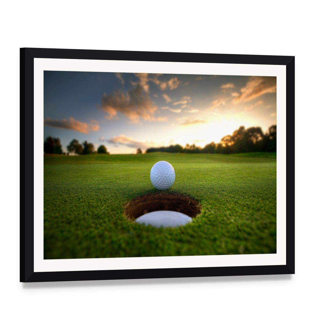 Golf Ball About to Fall Canvas Wall Art, framed print with white mat and black frame, angled product view