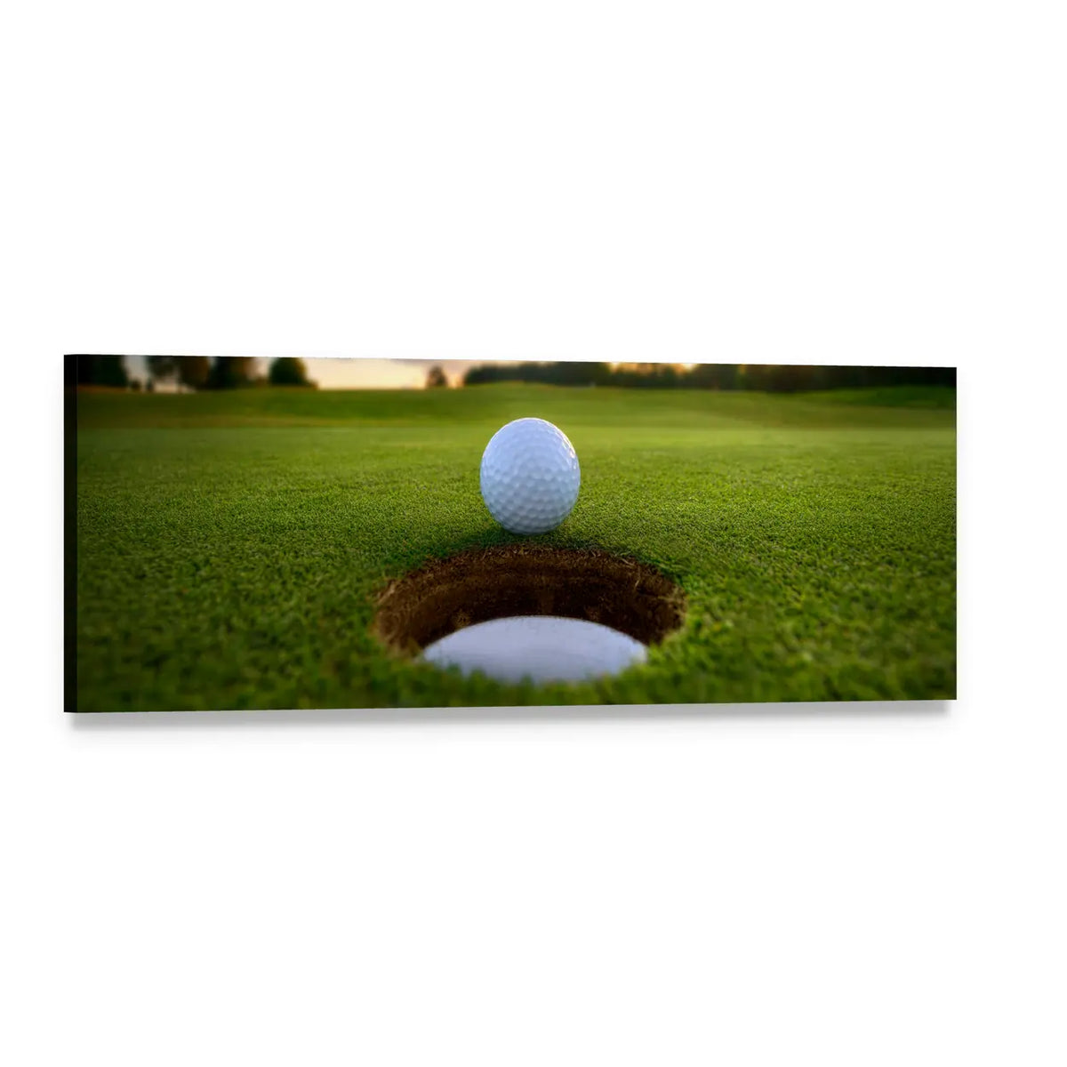 Golf Ball About to Fall Panoramic Canvas Wall Art, single panel gallery wrapped canvas, angled product view