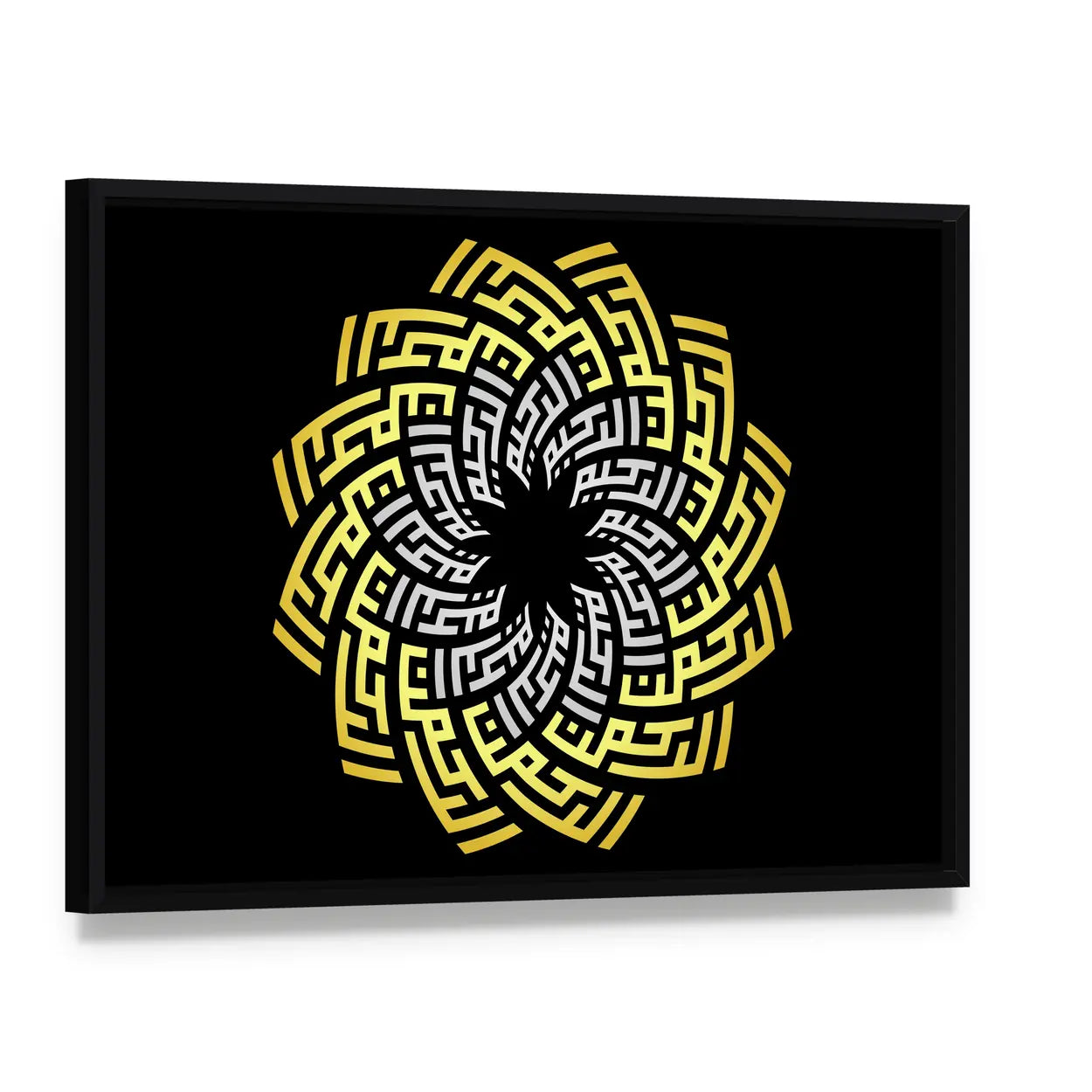Ar-rahman Ar-rahim Square Kufic Calligraphy Canvas Wall Art, framed canvas in a black floater frame, angled product view