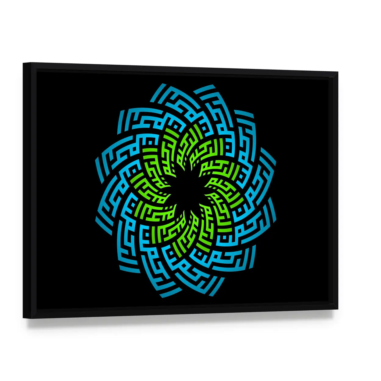 Ar-rahman Ar-rahim Calligraphy Mandala Canvas Wall Art, framed canvas in a black floater frame, angled product view