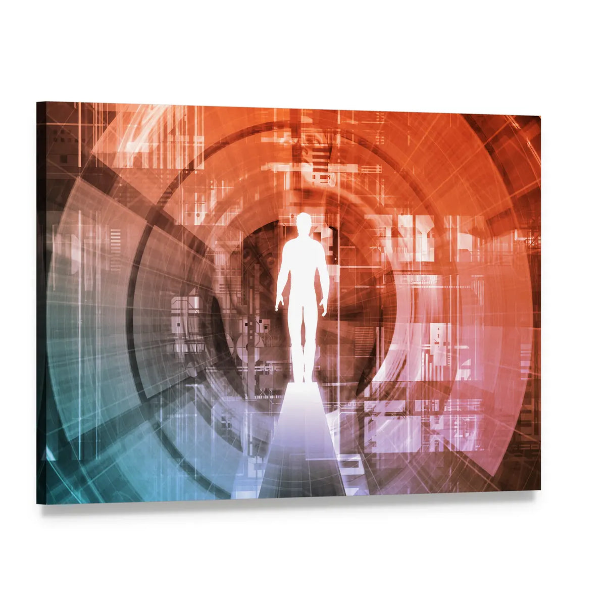 Technology Gateway with Glowing White Figure Canvas Wall Art, single panel gallery wrapped canvas, angled product view