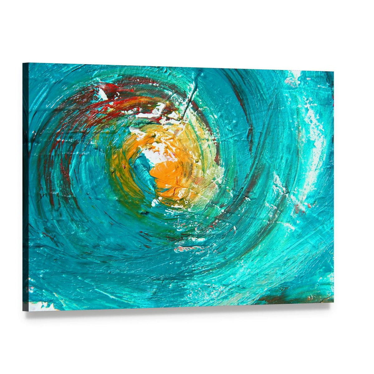 Teal and Orange Swirling Abstract Painting Canvas Wall Art, single panel gallery wrapped canvas, angled product view