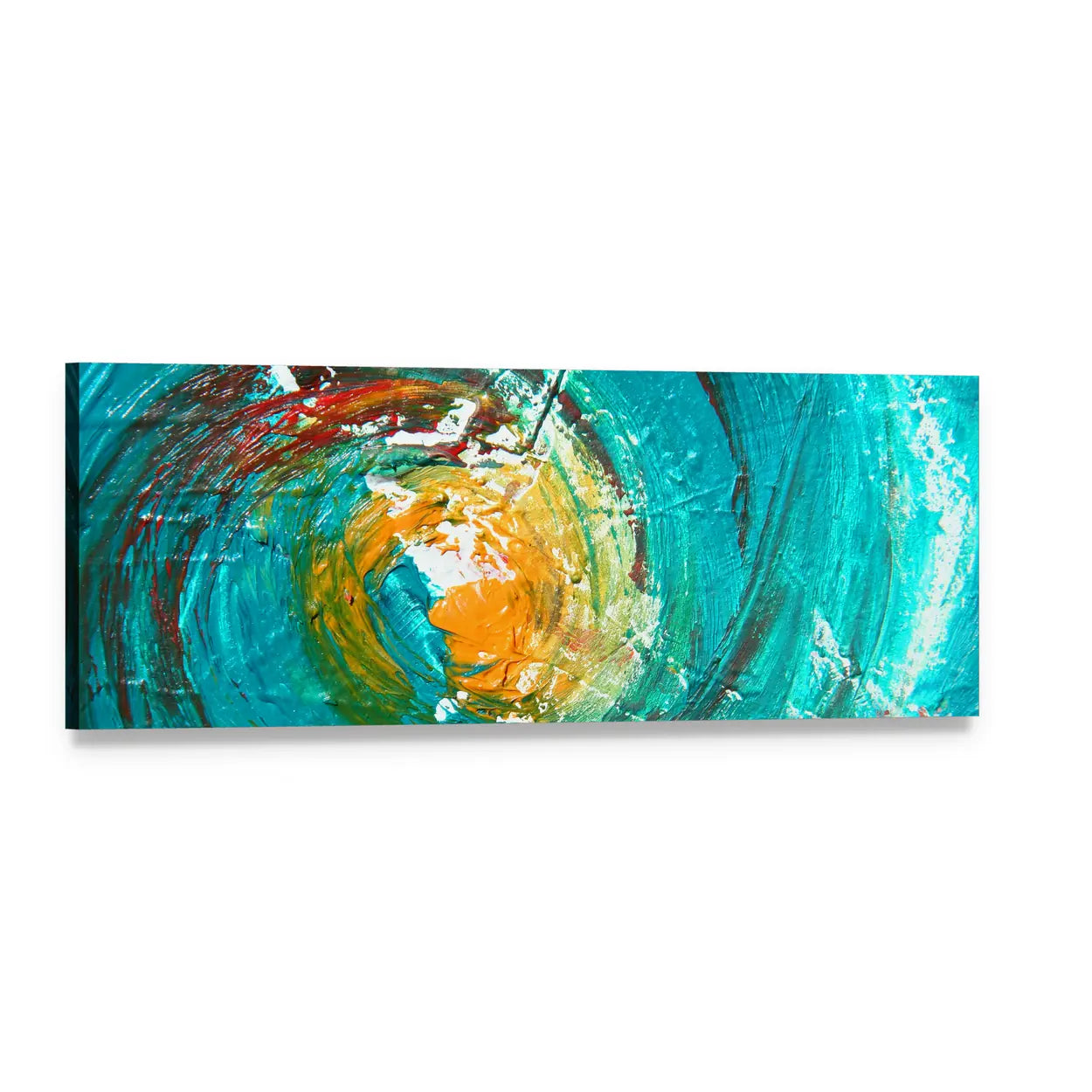 Teal Turquoise Swirling Vortex Abstract Panoramic Canvas Wall Art, single panel gallery wrapped canvas, angled product view