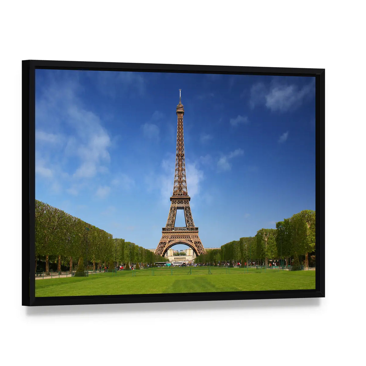 Eiffel Tower in Paris on a Sunny Spring Day Canvas Wall Art, framed canvas in a black floater frame, angled product view