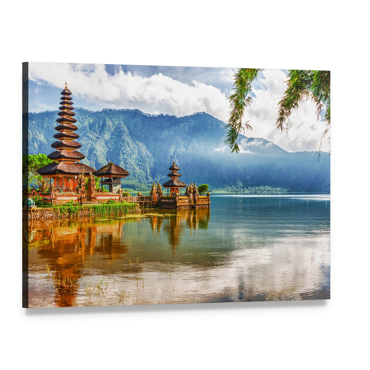 Pura Ulun Danu Temple Reflection on Lake Canvas Wall Art, single panel gallery wrapped canvas, angled product view