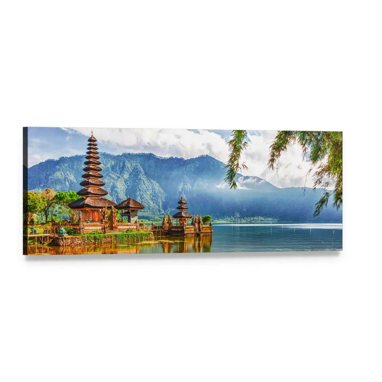 Pura Ulun Danu Temple at Lake Beratan Panoramic Canvas Wall Art, single panel gallery wrapped canvas, angled product view