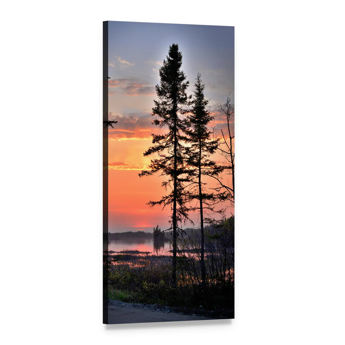 Twilight Lake with Silhouetted Trees Vertical Canvas Wall Art, 1 panel 1 Vertical layout gallery wrapped canvas set, angled product view