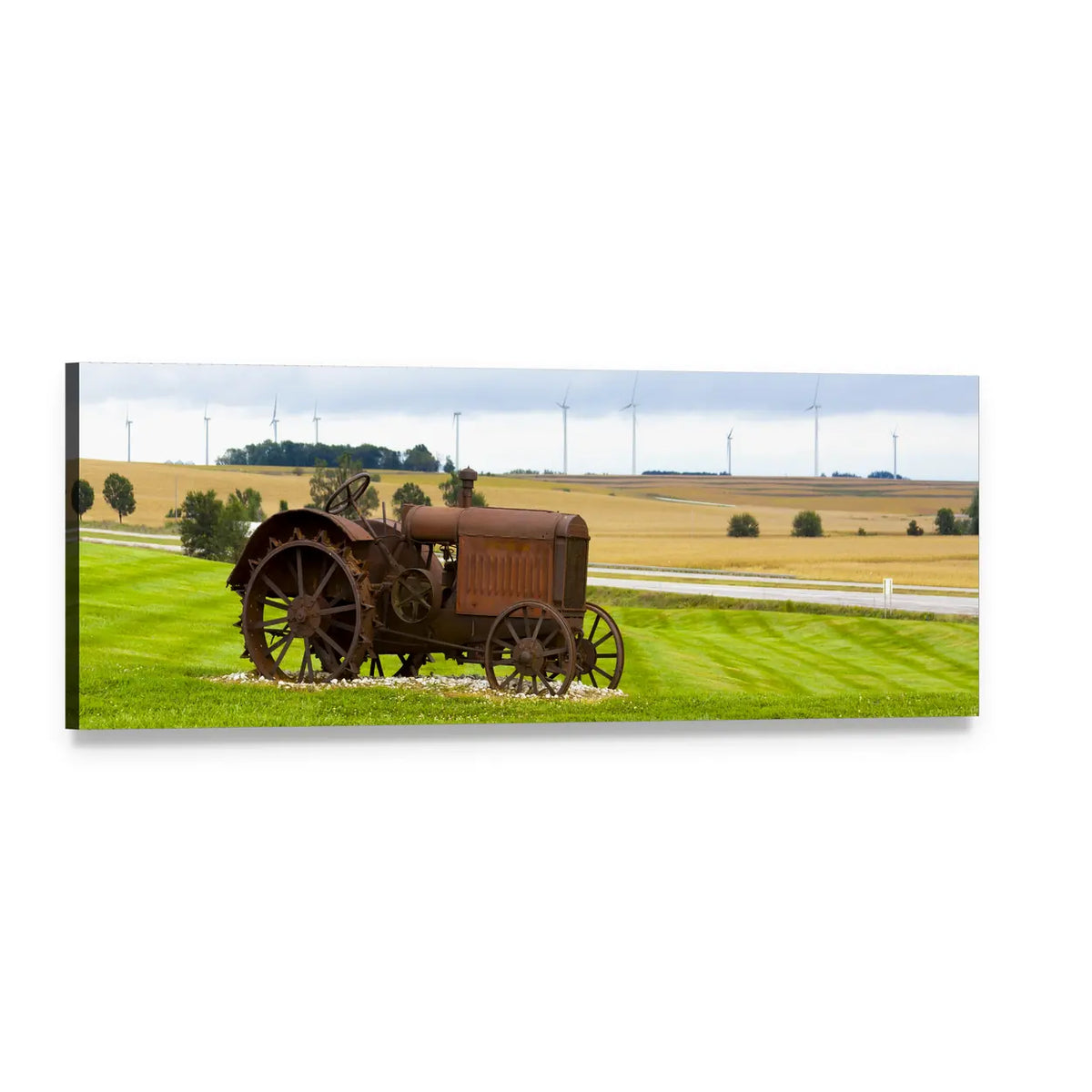 Old Rusty Tractor in Golden Grain Field Panoramic Canvas Wall Art, single panel gallery wrapped canvas, angled product view