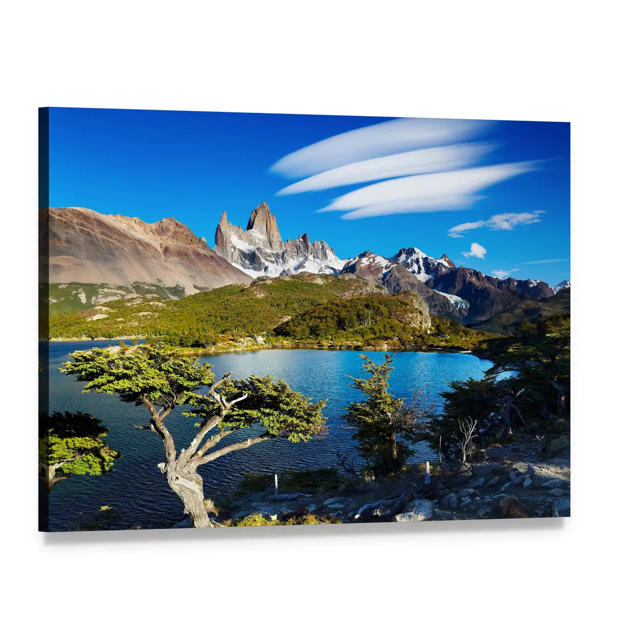 Laguna Capri with Mount Fitz Roy Canvas Wall Art, single panel gallery wrapped canvas, angled product view