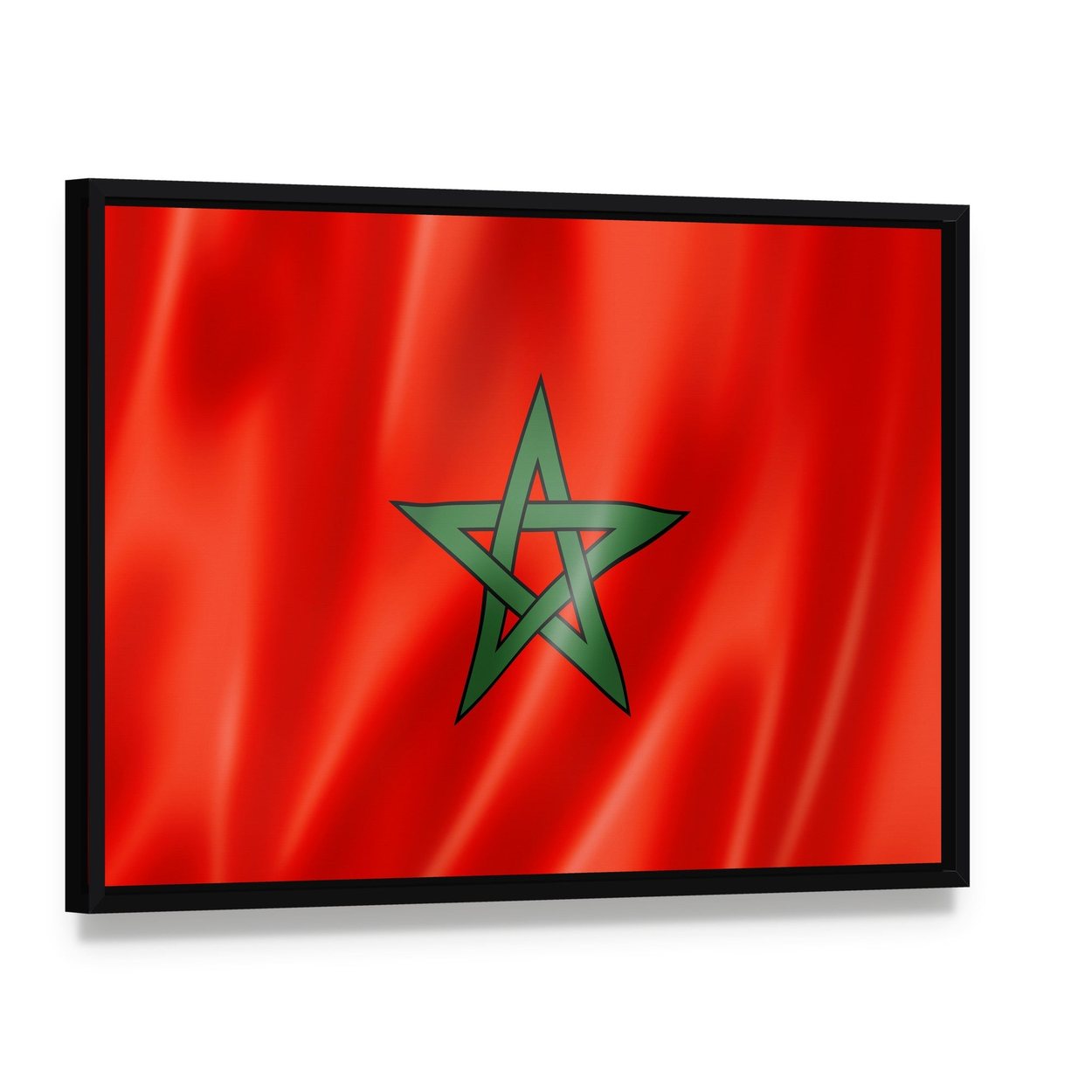 Waving Moroccan Flag Canvas Wall Art, framed canvas in a black floater frame, angled product view