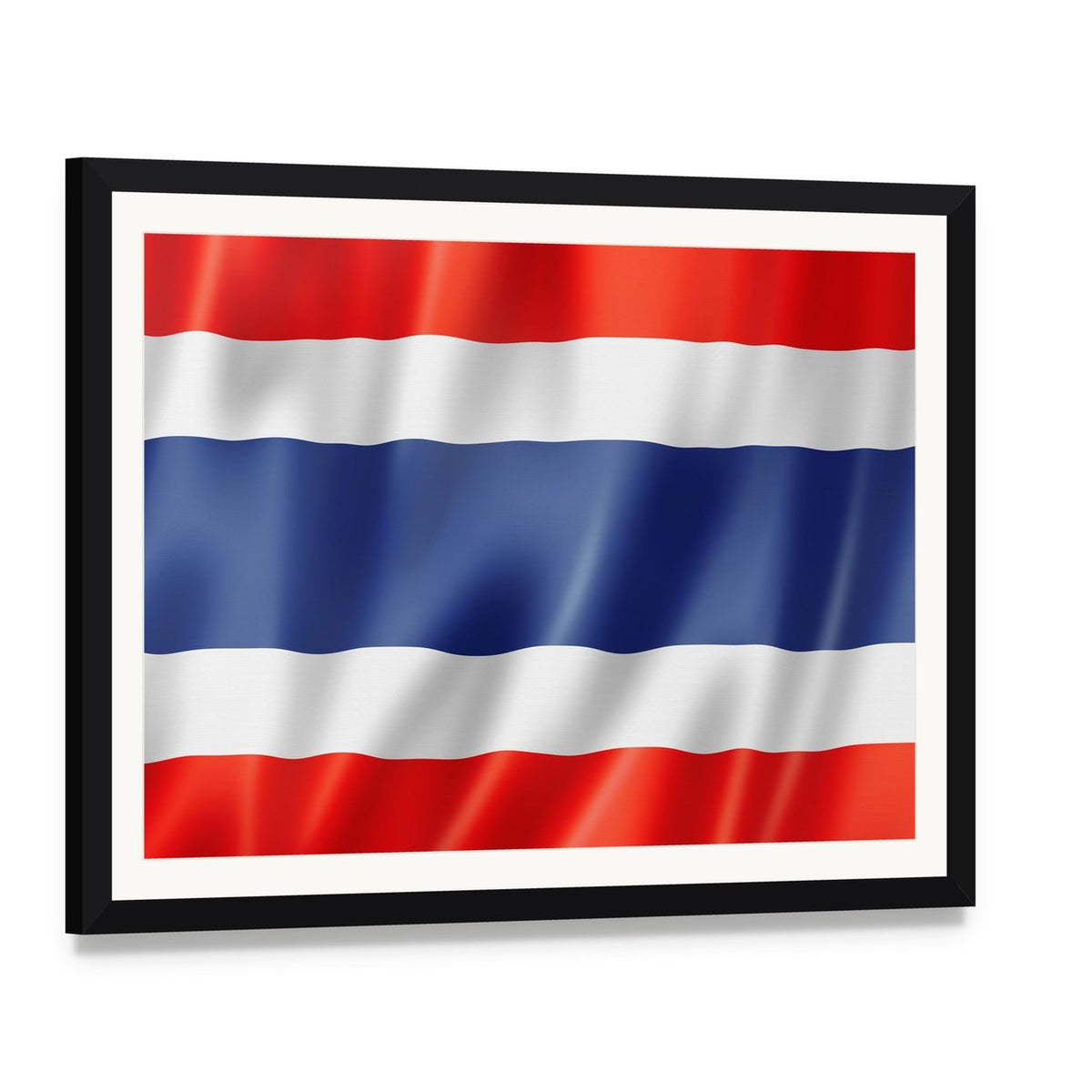 Waving Thailand Flag Canvas Wall Art, framed print with white mat and black frame, angled product view