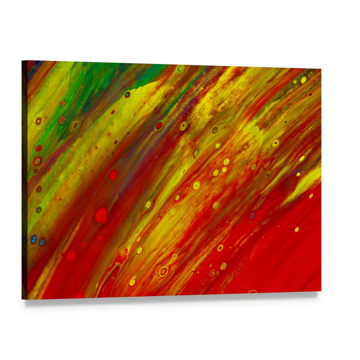 Red and Yellow Fluid Abstract Canvas Wall Art, single panel gallery wrapped canvas, angled product view