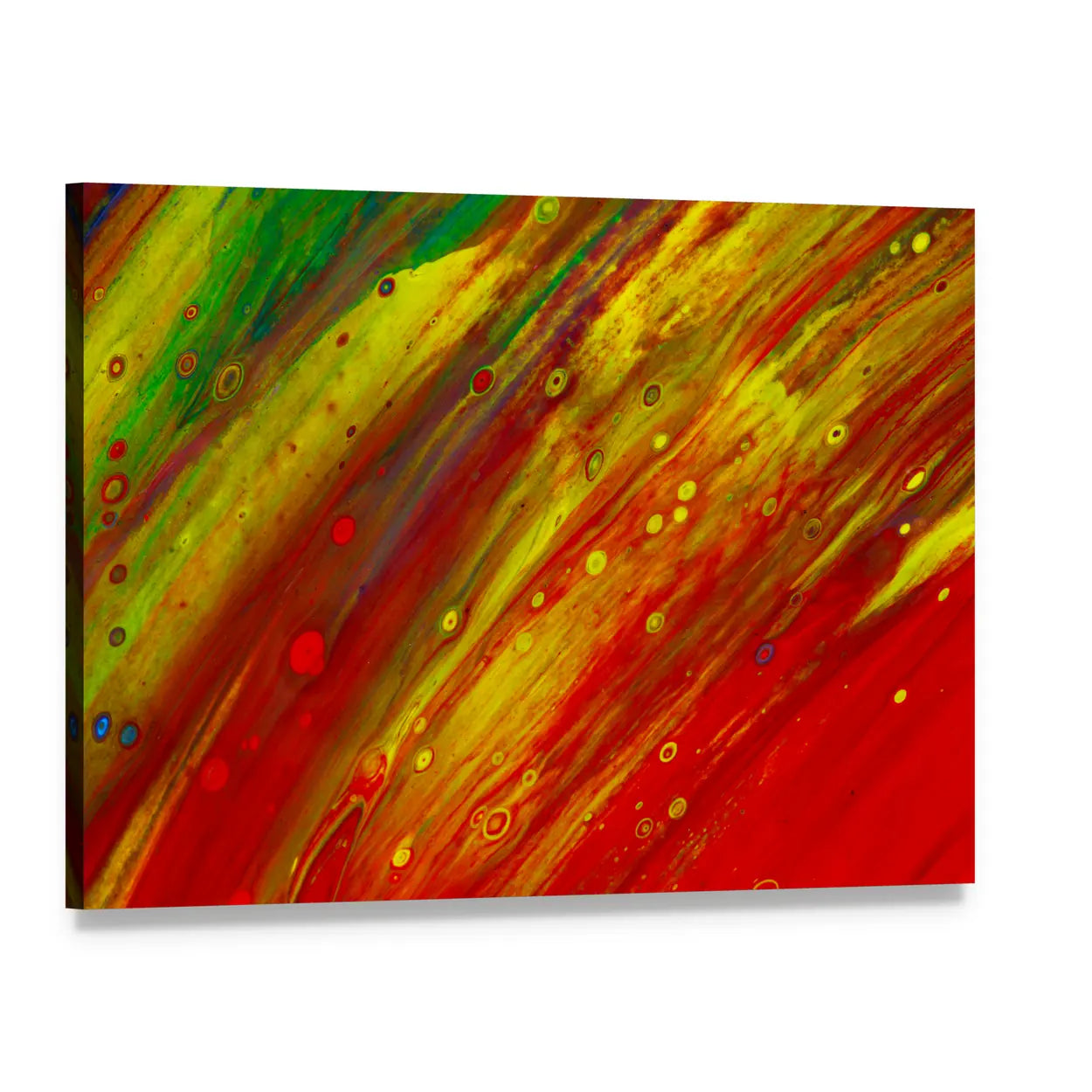 Red and Yellow Fluid Abstract Canvas Wall Art, single panel gallery wrapped canvas, angled product view