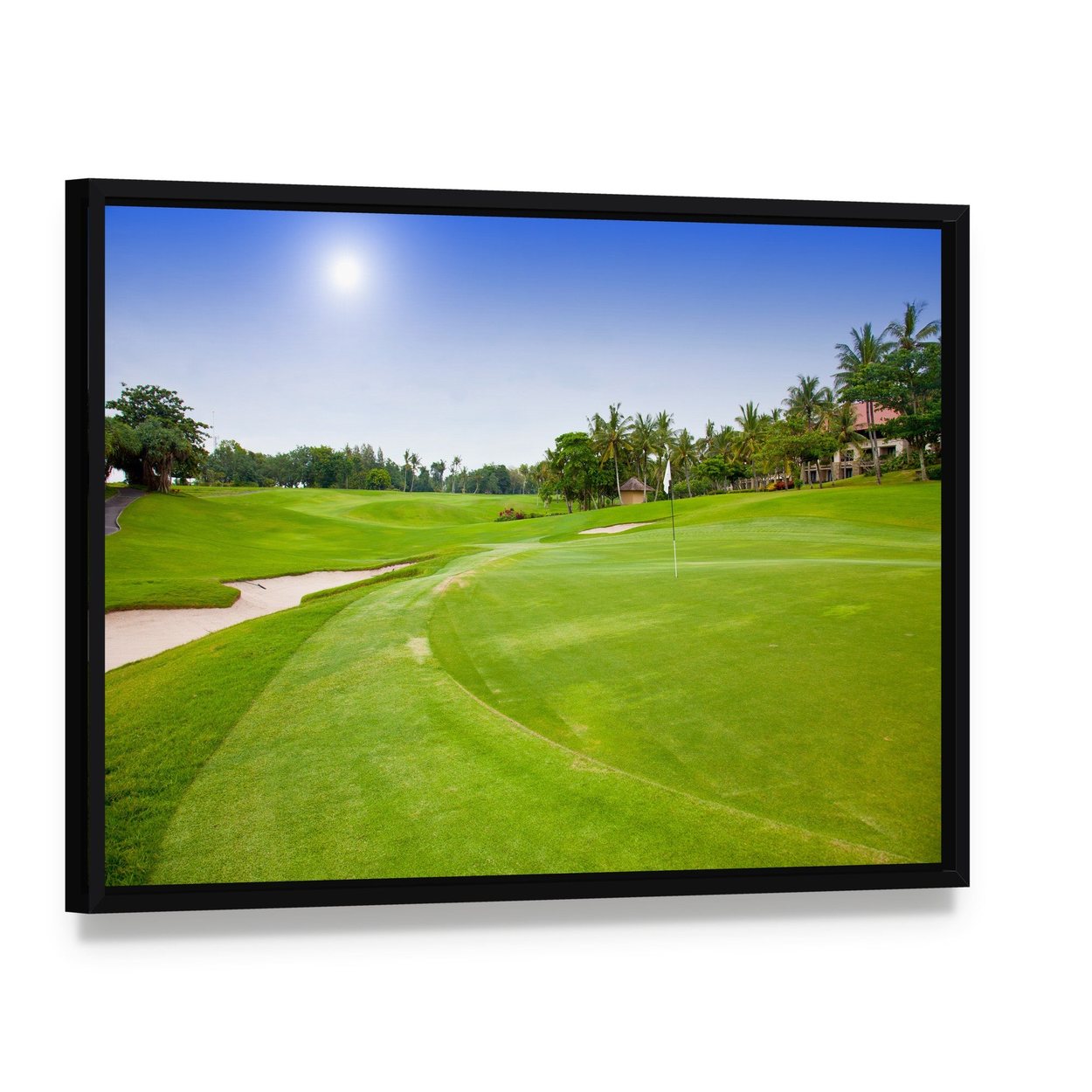 Green Field for Golf Canvas Wall Art, framed canvas in a black floater frame, angled product view