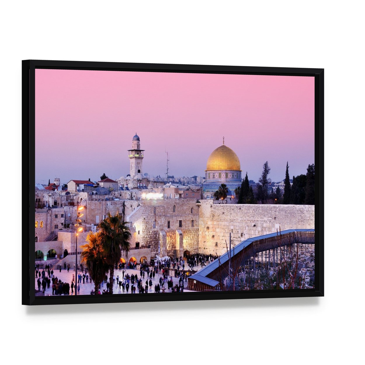 Al Aqsa Mosque at Dusk Canvas Wall Art, framed canvas in a black floater frame, angled product view