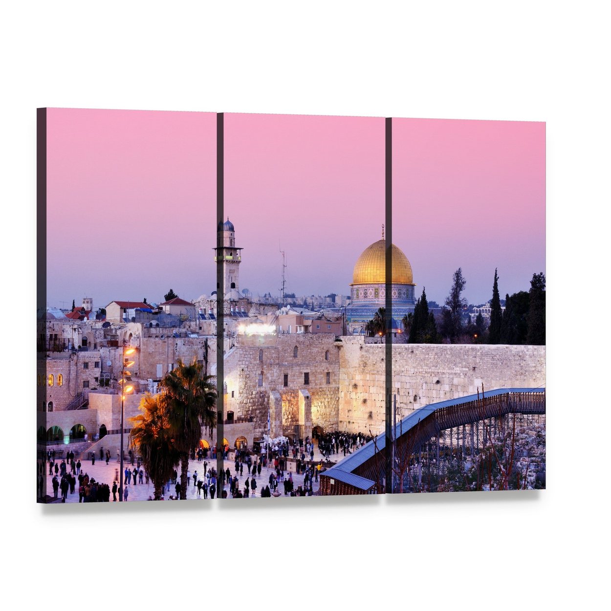 Al Aqsa Mosque at Dusk Canvas Wall Art, 3 panel 3 Horizontal layout gallery wrapped canvas set, angled product view