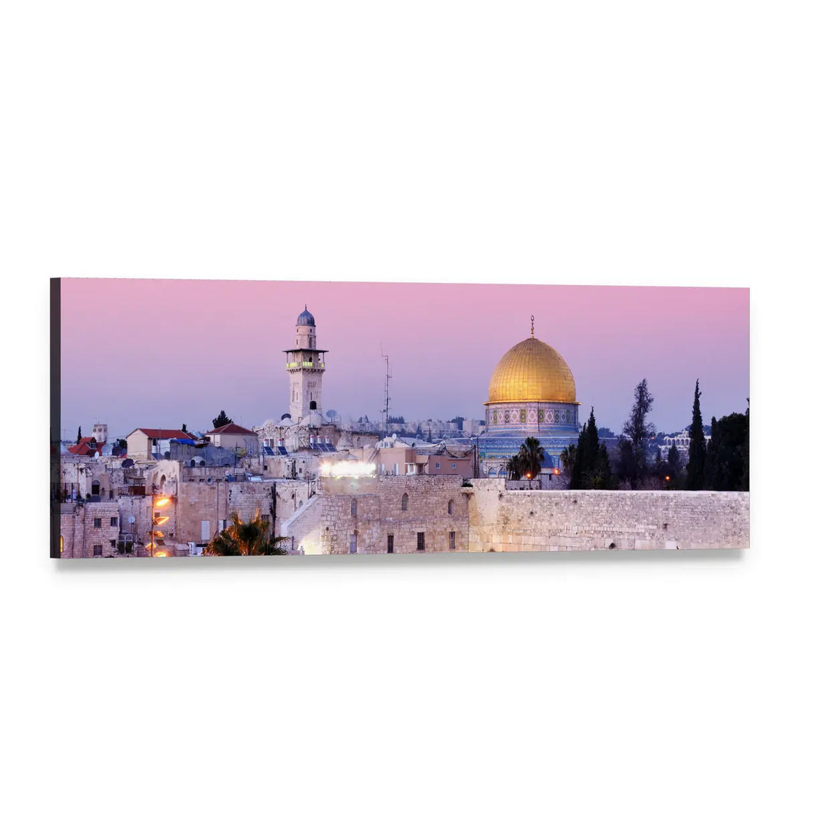 Al Aqsa and Old City at Dusk Panoramic Canvas Wall Art, single panel gallery wrapped canvas, angled product view