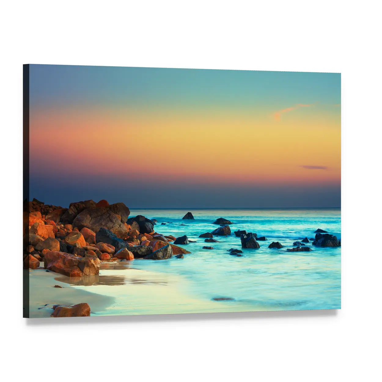 Sunset Over Turquoise Sea with Rocky Shore Canvas Wall Art, single panel gallery wrapped canvas, angled product view
