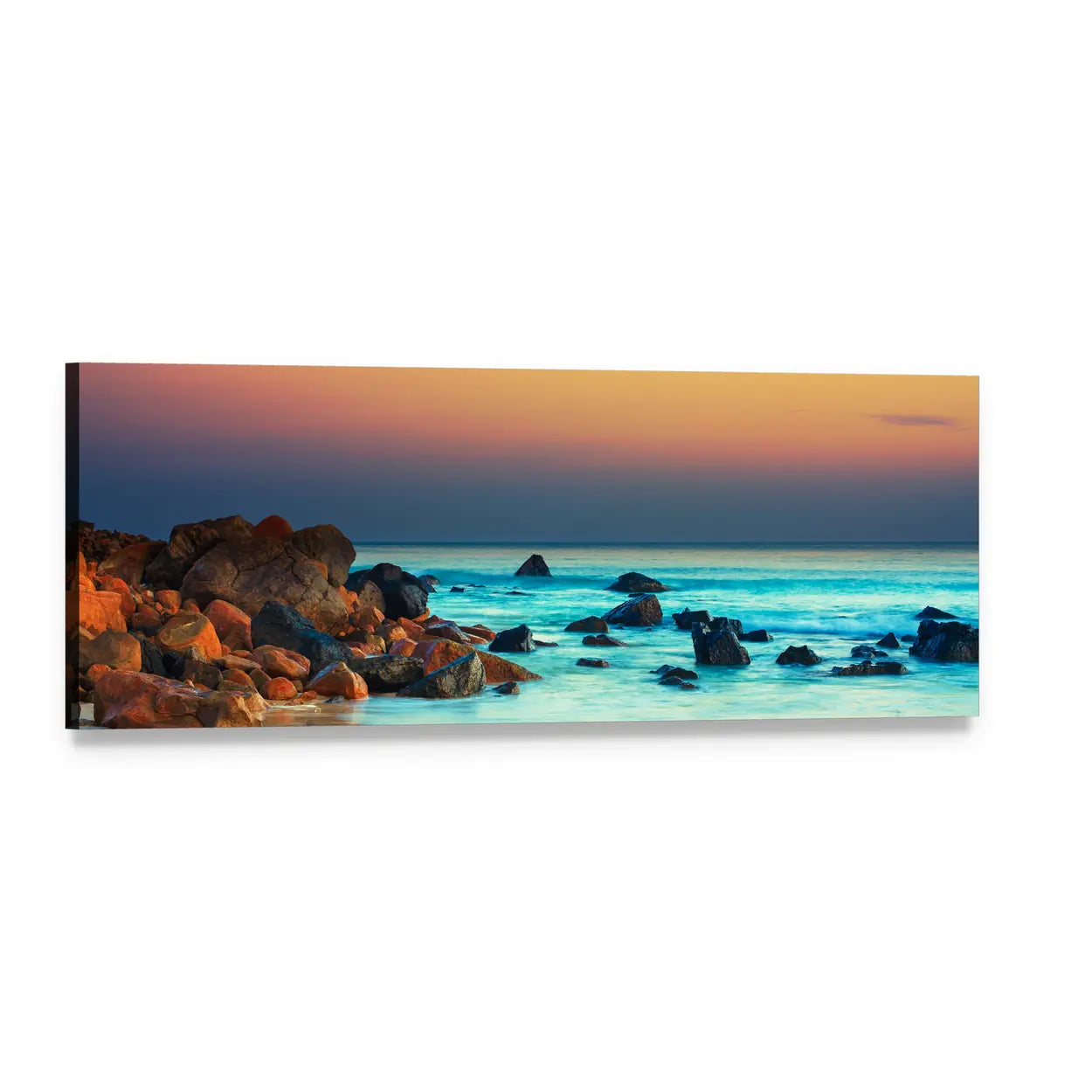 Sunset Over Turquoise Rocky Shore Panoramic Canvas Wall Art, single panel gallery wrapped canvas, angled product view
