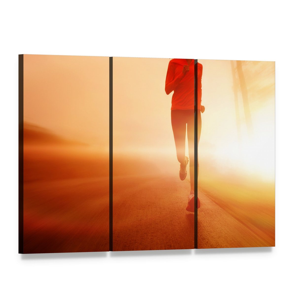 Runner at Sunrise on Road Canvas Wall Art, 3 panel 3 Horizontal layout gallery wrapped canvas set, angled product view