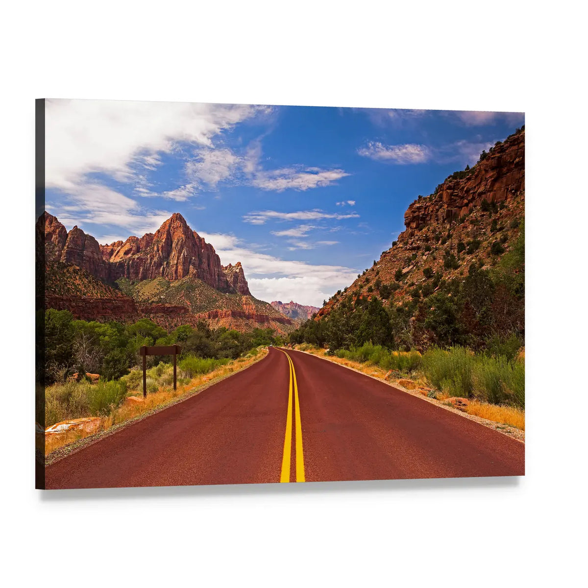 Red Asphalt Road Toward Rocky Mountains Canvas Wall Art, single panel gallery wrapped canvas, angled product view