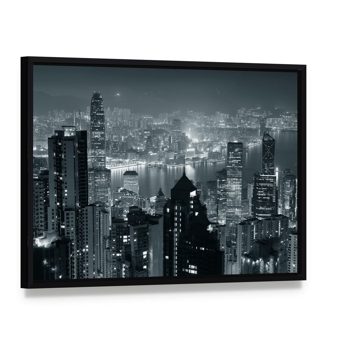 Hong Kong City Skyline at Night Canvas Wall Art, framed canvas in a black floater frame, angled product view
