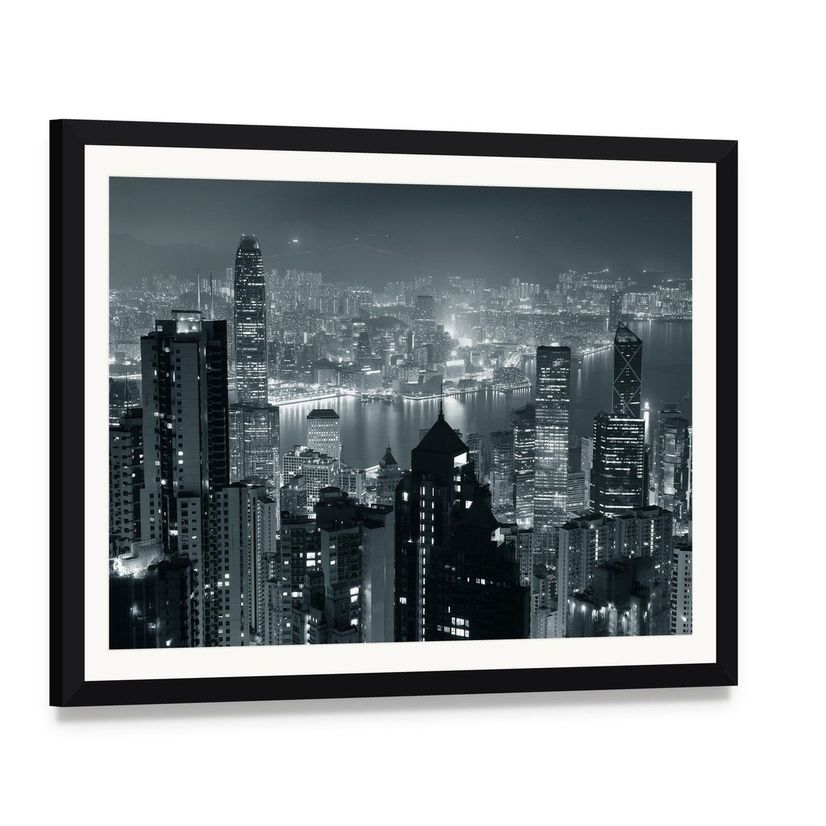 Hong Kong City Skyline at Night Canvas Wall Art, framed print with white mat and black frame, angled product view