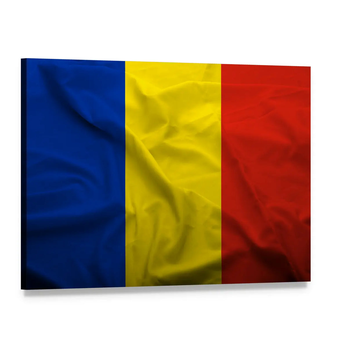 Waving Flag of Romania Canvas Wall Art, single panel gallery wrapped canvas, angled product view