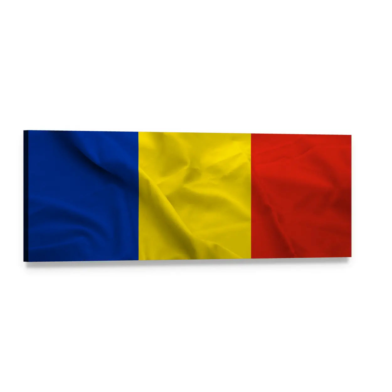 Waving Flag of Romania Panoramic Canvas Wall Art, single panel gallery wrapped canvas, angled product view
