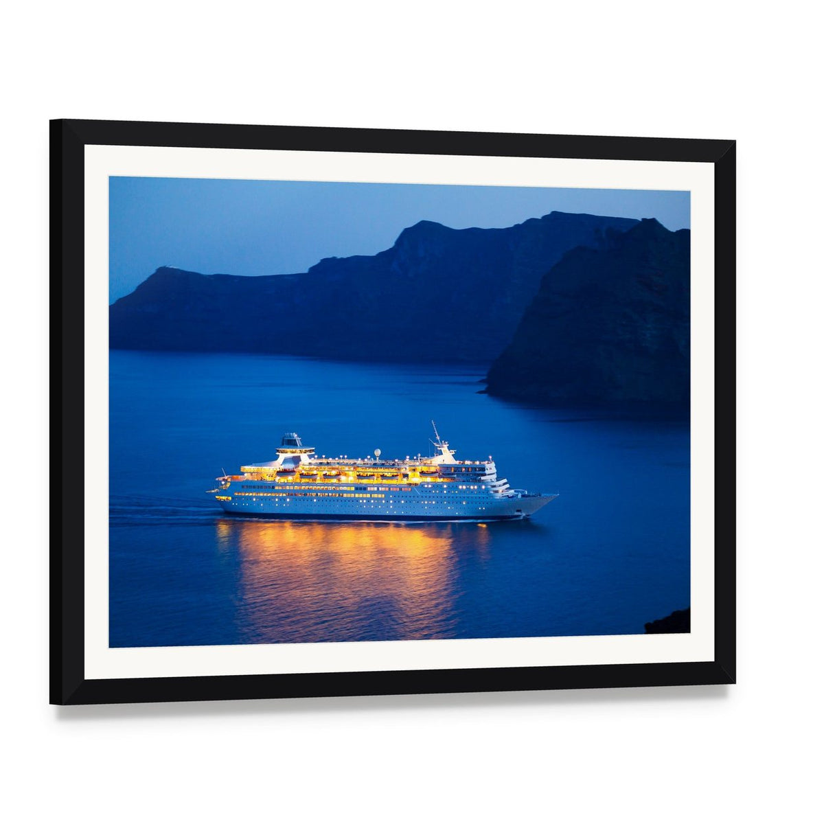 Cruise Ship at Sunset Canvas Wall Art, framed print with white mat and black frame, angled product view