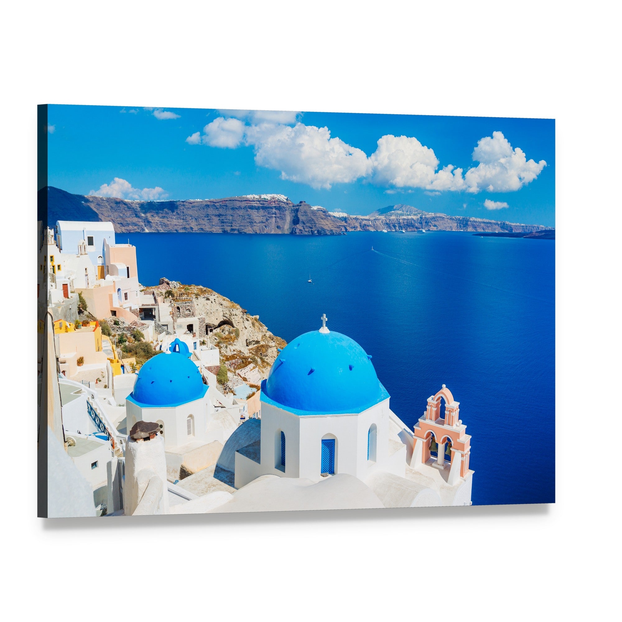 Santorini Blue Dome and Ocean View Canvas Wall Art, single panel gallery wrapped canvas, angled product view